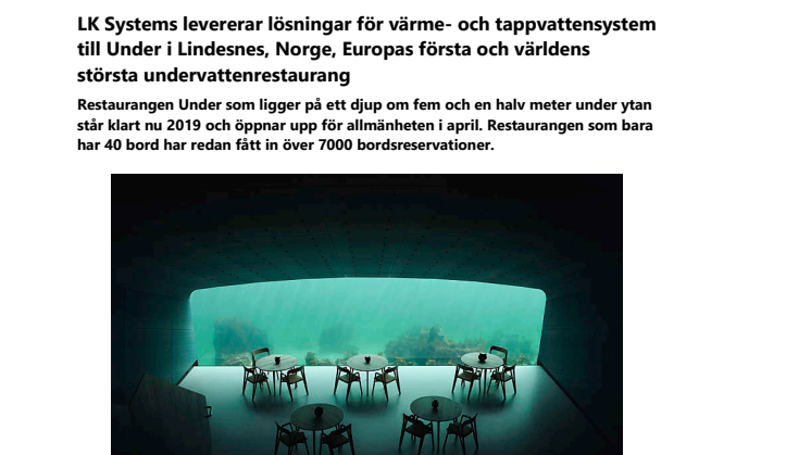 LK Systems levererar lösningar för värme- och tappvattensystem till Under i Lindesnes, Norge, Europas första och världens största undervattenrestaurang