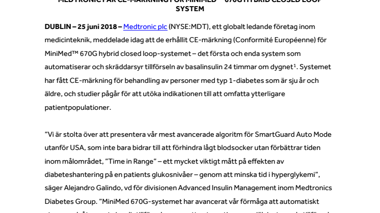 MEDTRONIC FÅR CE-MÄRKNING FÖR MINIMED™ 670G HYBRID CLOSED LOOP SYSTEM