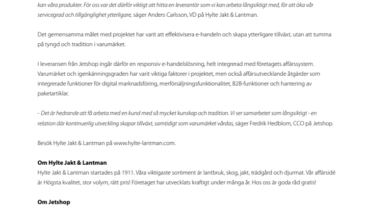 Hylte Jakt & Lantman siktar mot nya mål med Jetshop Commerce