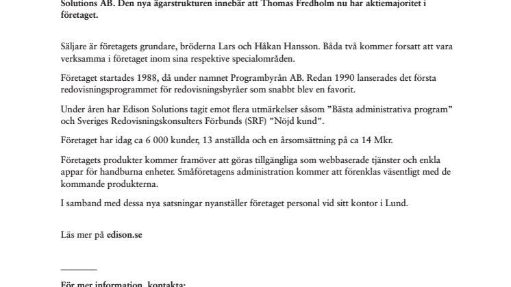 Thomas Fredholm förvärvar Edison Solutions AB