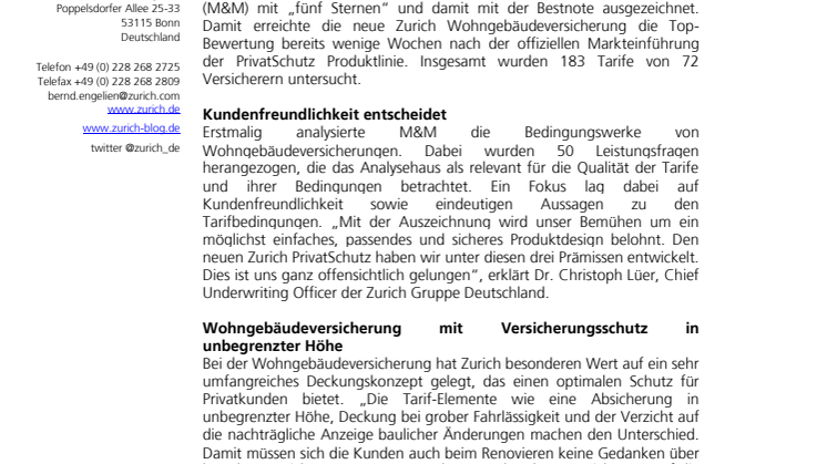 Zurich Wohngebäudeversicherung erstklassig: PrivatSchutz erreicht Bestnote bei M&M