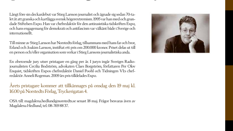 Stieg Larsson-priset utdelas nu för andra gången – Välkommen till prisutdelning den 19 maj kl 16.00