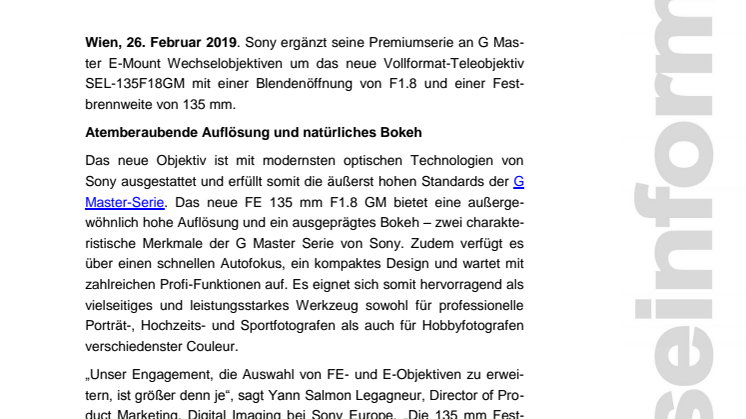 SEL-135F18GM: Hochauflösendes G Master Teleobjektiv mit beeindruckendem Bokeh