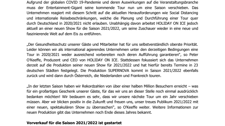 HOLIDAY ON ICE verlegt Tour 2020/2021 um ein Jahr