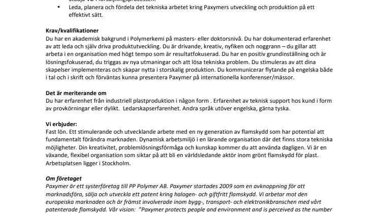 Paxymer söker medarbetare