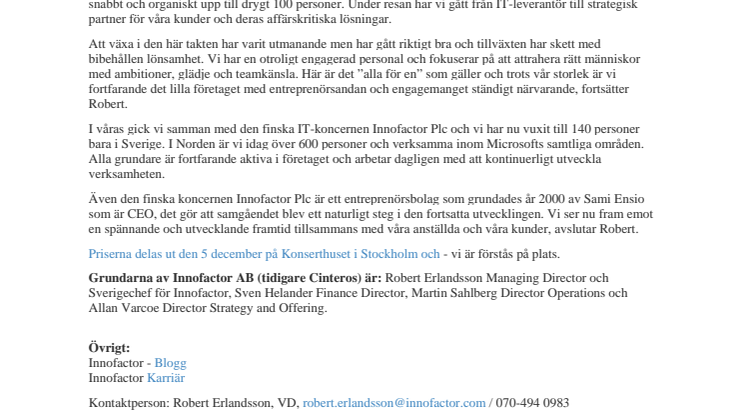 Innofactor Sverige utsedd till Gasellföretag 2016 