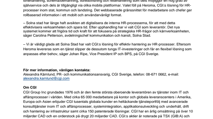 Solna Stad väljer CGI:s HR-system Heroma
