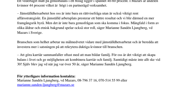 Mazars leder jämställdhetsligan i revisionsbranschen 