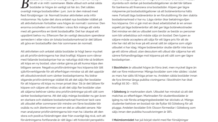 Erik Olsson Fastighetsförmedling kommenterar bostadsmarknaden 17 juli 2020
