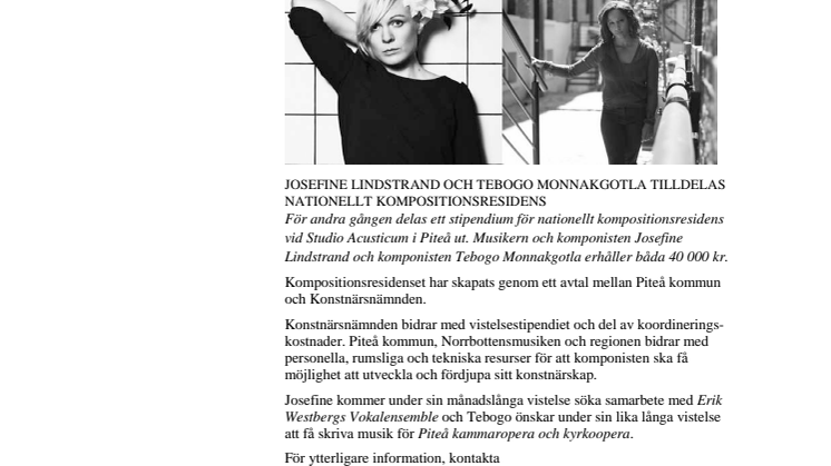 Josefine Lindstrand och Tebogo Monnakgotla tilldelas nationellt kompositionsresidens