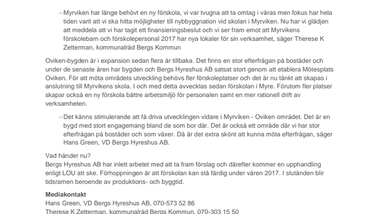 Ny förskola planeras i Myrviken - Bergs Hyreshus AB ska bygga