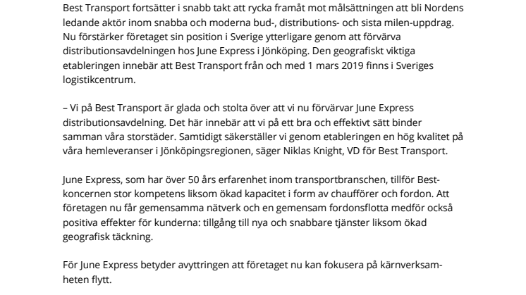 Best Transport etableras i Sveriges logistikcentrum
