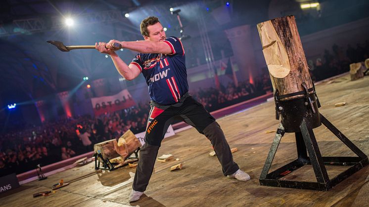 Vebjørn Sønsteby under VM i Praha 2019. Foto: STIHL TIMBERSPORTS®