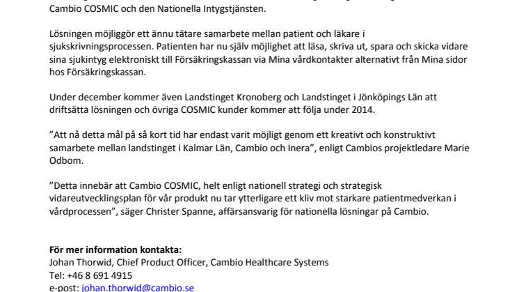 Cambio COSMIC är nu anslutet till den nya Nationella Intygstjänsten