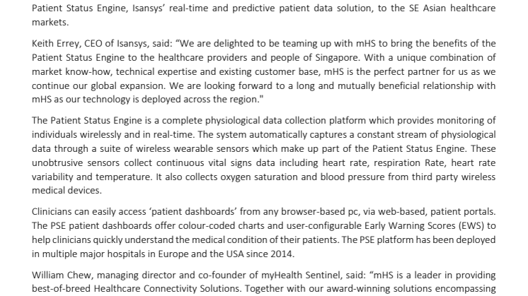 Isansys Lifecare partners with myHealth Sentinel