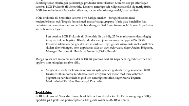 BOB Smoothie – ett bekvämt sätt att få i sig 25 % av dagsbehovet av frukt och grönt