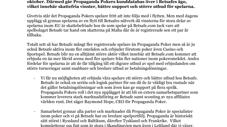 Betsafe tar över Propaganda Poker - Affären gynnar spelarna i form av bredare utbud, EU licenser & bättre kundsupport