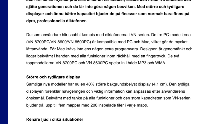 Olympus VN-8700PC, VN-8600PC, VN-8500PC & VN-7500 - Över 10 miljoner sålda diktafoner i VN-serien                                   