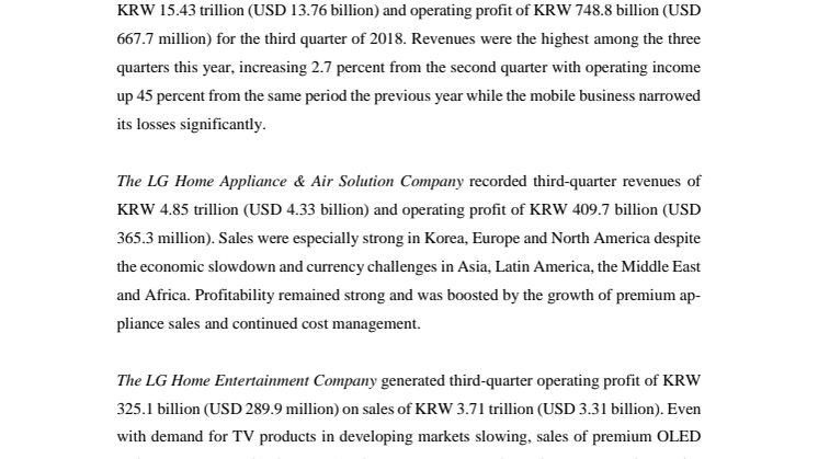 Lg Announces Third-Quarter 2018 Financial Results