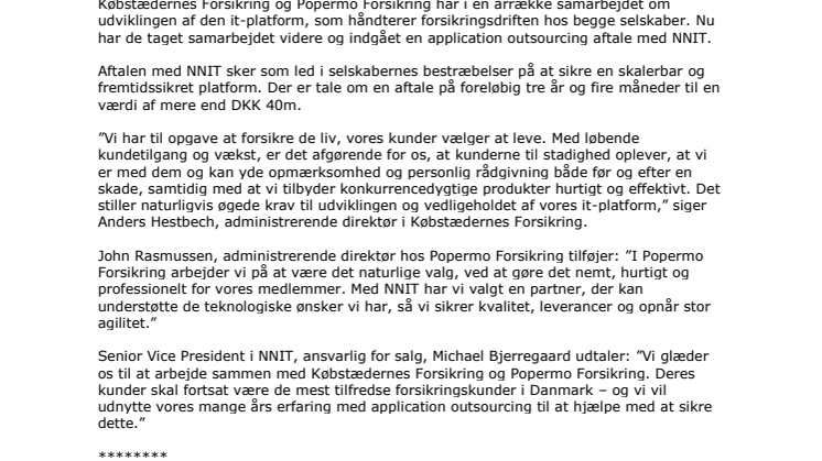 NNIT indgår aftale med Købstædernes Forsikring og Popermo Forsikring