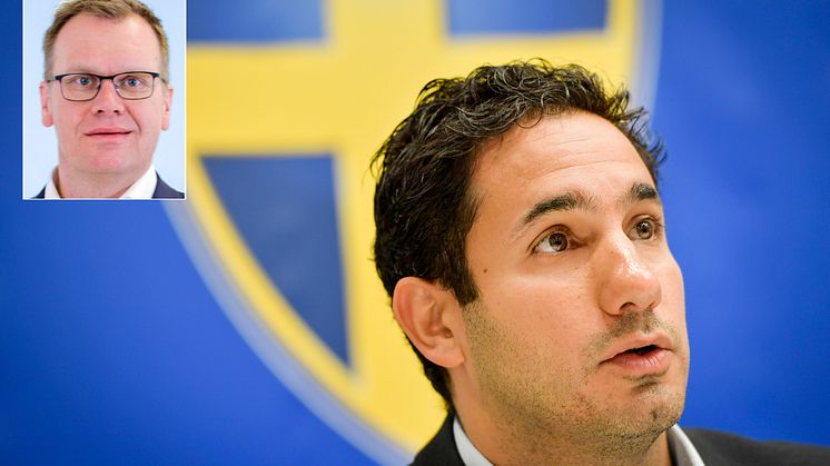 Civilminister Ardalan Shekarabi setter i gang en utredning om forbud mot pengespillreklame i Sverige. Foto: Jessica Gow, TT/NTB Scanpix. Innfelt: Spesialrådgiver Stein Langberget i Norsk Tipping.
