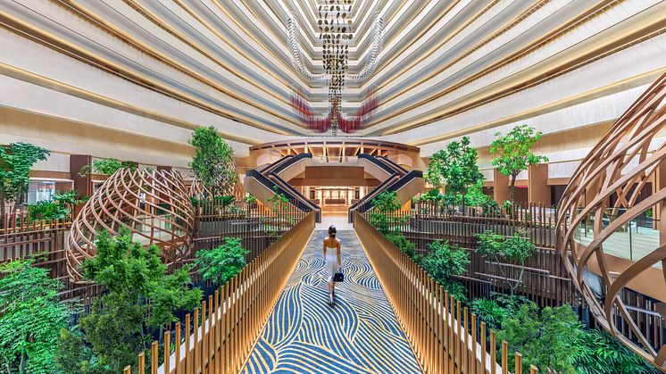 Against the iconic backdrop of soaring cinematic architecture by John Portman, the sky bridge brings guests across the atrium on level 4 with an immersive forest tree top experience.