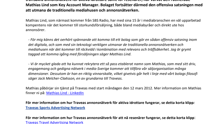 Mathias Lind till Traveas och Sveriges mest träffsäkra annonsnätverk  