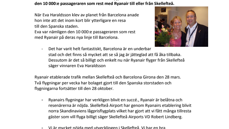 10 000 passagerare med Ryanair på Skellefteå Airport