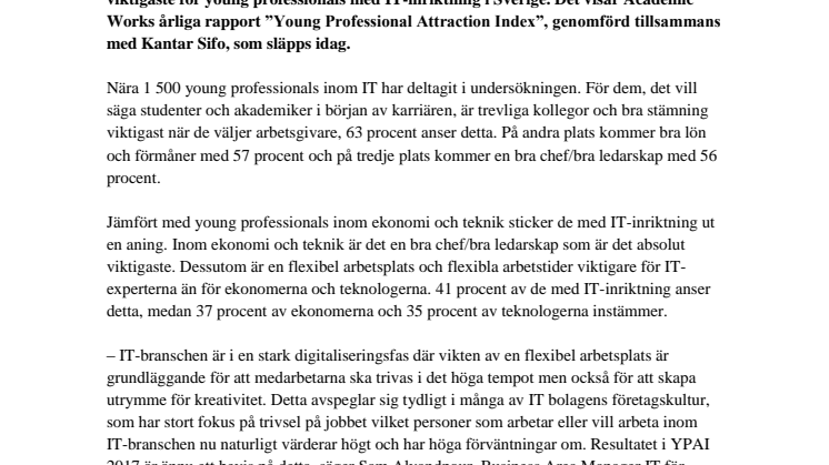 Trevliga kollegor viktigast när young professionals inom IT väljer arbetsplats