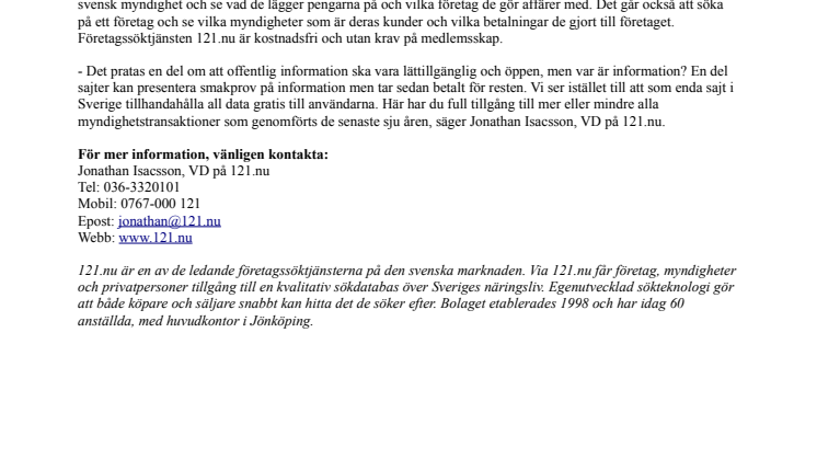 121.nu första sökmotorn som granskar statliga utgifter kostnadsfritt