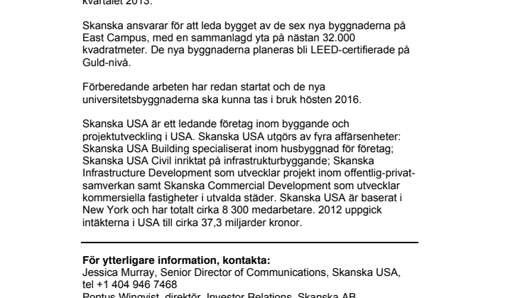 Skanska bygger universitetsområde i Washington D.C., USA, för cirka 510 miljoner kronor 