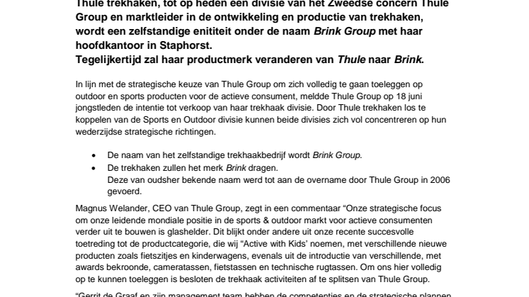 Thule trekhaken wordt Brink Group BV