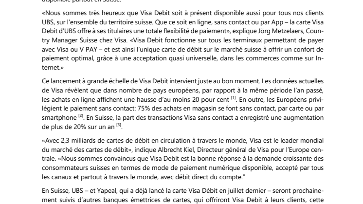 Visa Debit disponible dès à présent chez UBS