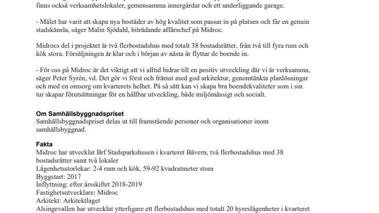 Midrocs nya bostäder vinner Trelleborgs Samhällsbyggnadspris