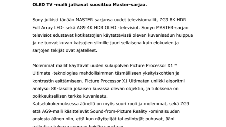 Sony lanseeraa erittäin suuret 8K HDR LED TV -mallinsa 