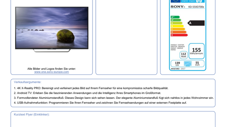 Datenblatt BRAVIA KD-55XD7005BAEP von Sony