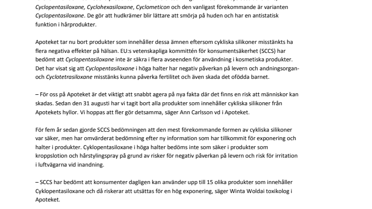 Apoteket tar bort alla produkter med cykliska silikoner