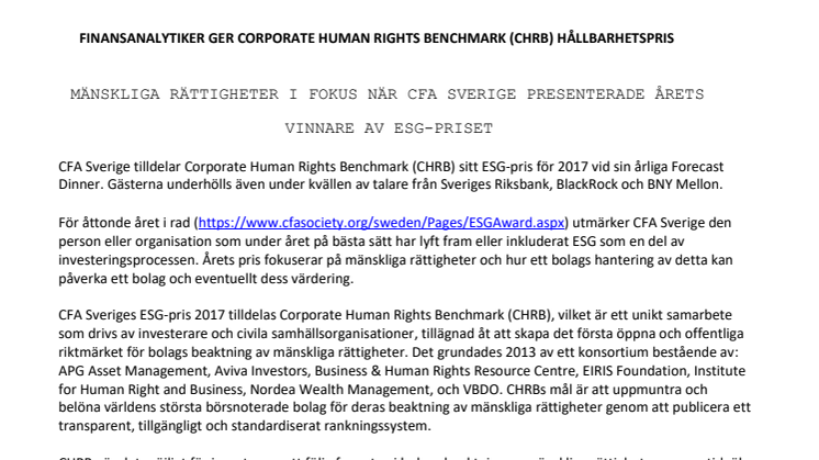 FINANSANALYTIKER GER CORPORATE HUMAN RIGHTS BENCHMARK (CHRB) HÅLLBARHETSPRIS
