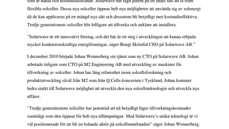 Solarwave utvecklar tredje generationens solcell och förstärker samtidigt organisationen	