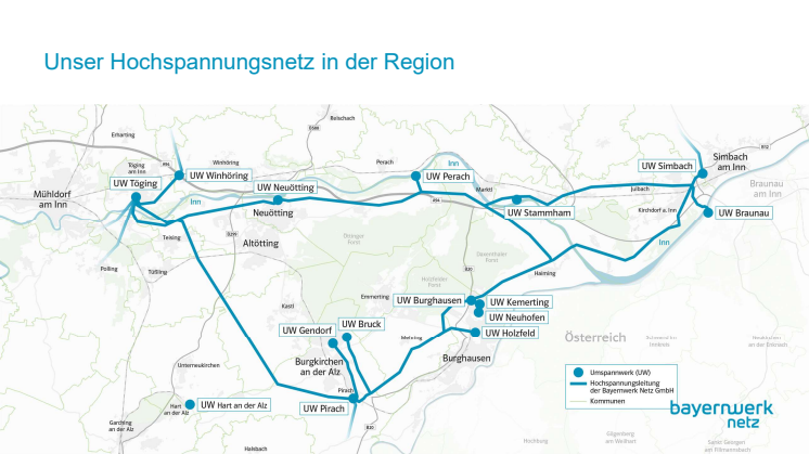 Die Hochspannungsleitungen der Bayernwerk Netz in der Region des Bayerischen Chemiedreiecks