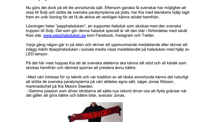 Kia stöttar Sveriges trupp i Paralympics med unik pepphalsduk 