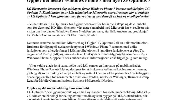 Opplev det beste i Windows Phone 7 med nye LG Optimus 7