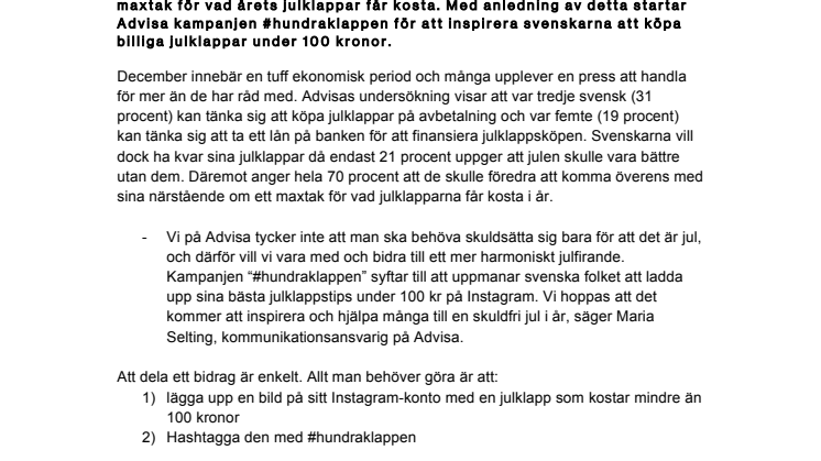 Advisa startar julkampanjen #Hundraklappen