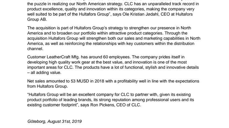 Hultafors Group acquires Custom LeatherCraft Manufacturing LLC