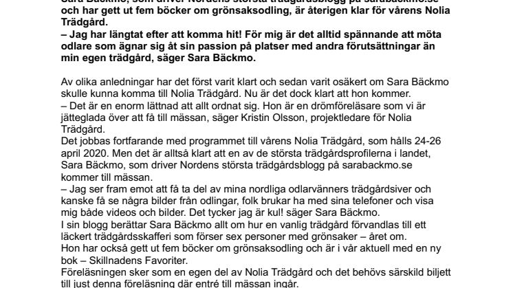 Sara Bäckmo återigen klar för årets Nolia Trädgård