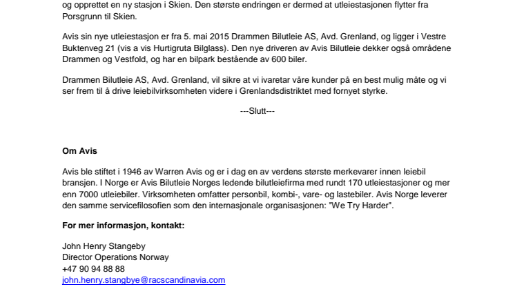 Drammen Bilutleie AS overtar som representant for Avis i Grenlandsdistriktet