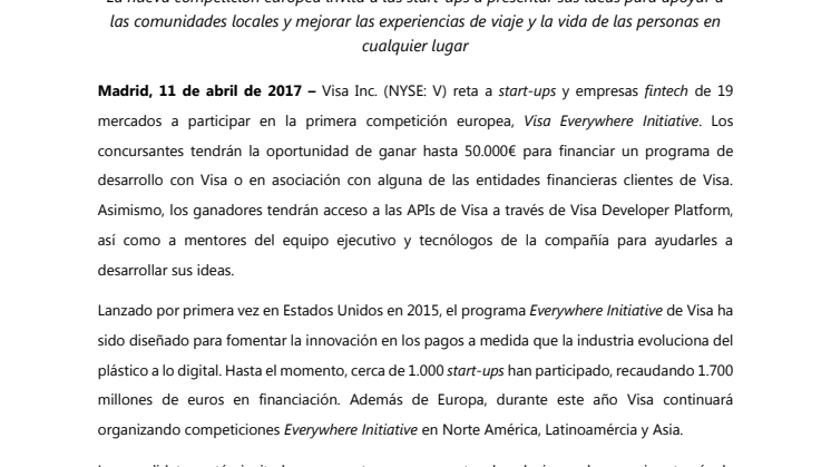 Arranca el primer concurso Visa Everywhere en Europa para ganar 50.000€
