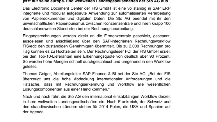 Sto AG führt Lösung der FIS GmbH für internationale Rechnungseingangsbearbeitung ein