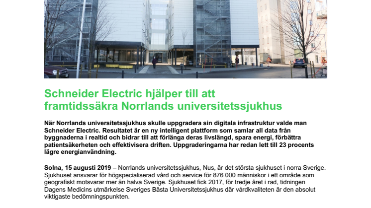 Schneider Electric hjälper till att framtidssäkra Norrlands universitetssjukhus