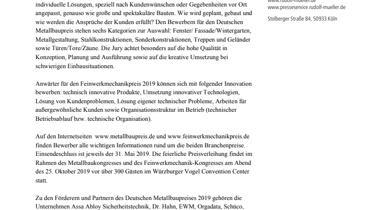 Deutscher Metallbaupreis 2019 und Feinwerkmechanikpreis 2019 ausgelobt